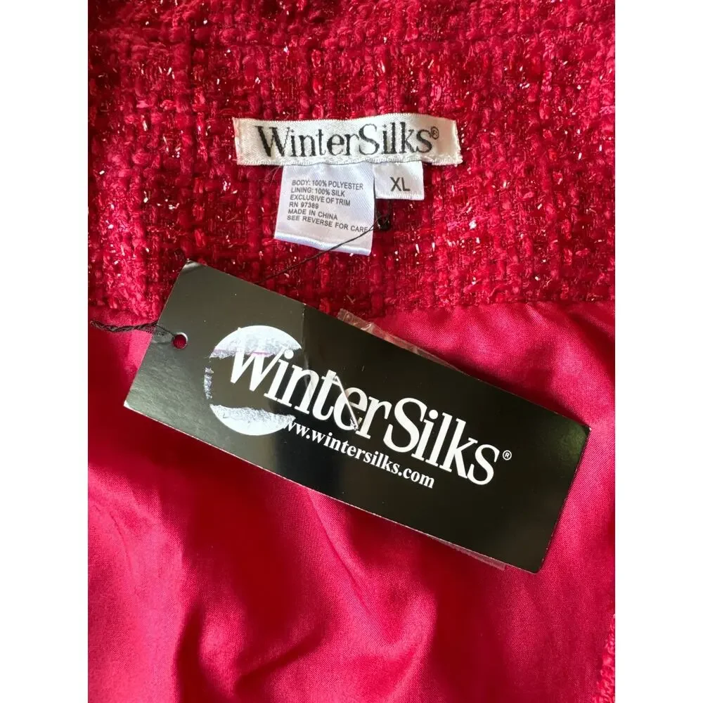 NWT WinterSilks red silk Multi Woven tweed collarless blazer coat size XL